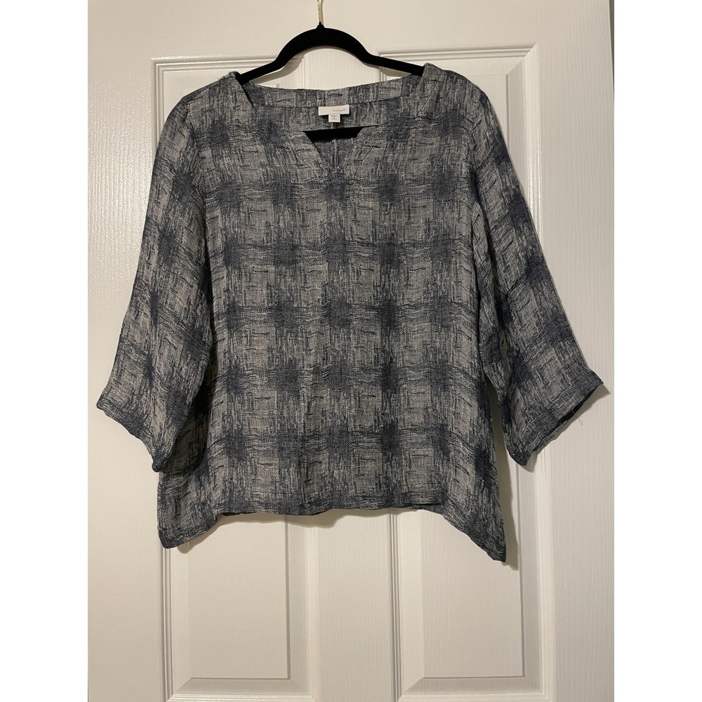Pure Jill Blouse Womens M Petite Blue Linen 3/4 Sleeve Tunic Top Geometric
